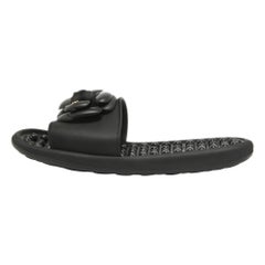 Chanel Black Textured Rubber CC Camellia Slides Size 41