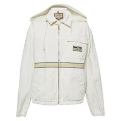 Gucci Creme Baumwolle Web Akzent Zip Front Hooded Windbreaker Jacke L