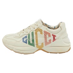 Gucci Beige Leather Glitter Logo Rhyton Sneakers Size 38