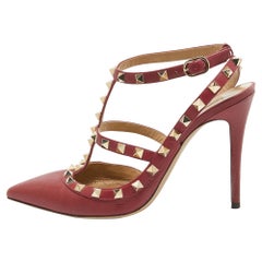 Valentino Burgundy Leather Rockstud Ankle Strap Pumps Size 39