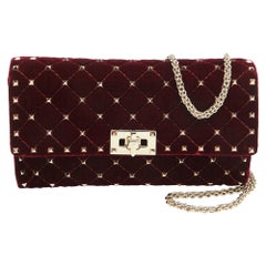 Valentino Burgundy Quilted Velvet Rockstud Spike Chain Clutch