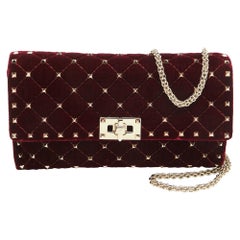 Valentino Burgundy Quilted Velvet Rockstud Spike Chain Clutch 