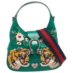 Gucci Green Leather Embroidered Tiger Head Large Dionysus Hobo