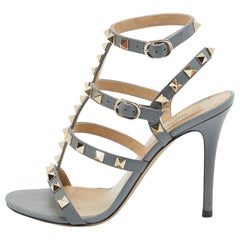 Valentino Grey Leather Rockstud Ankle Strap Sandals Size 36