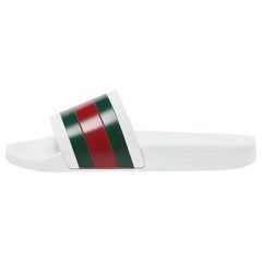 Used Gucci White Rubber Web Detail Flat Slides Size 44