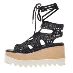 Stella McCartney Black Raffia Elyse Platform Wedge Sandals Size 36.5