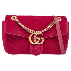 Gucci Red Matelassé Velvet Small GG Marmont Shoulder Bag