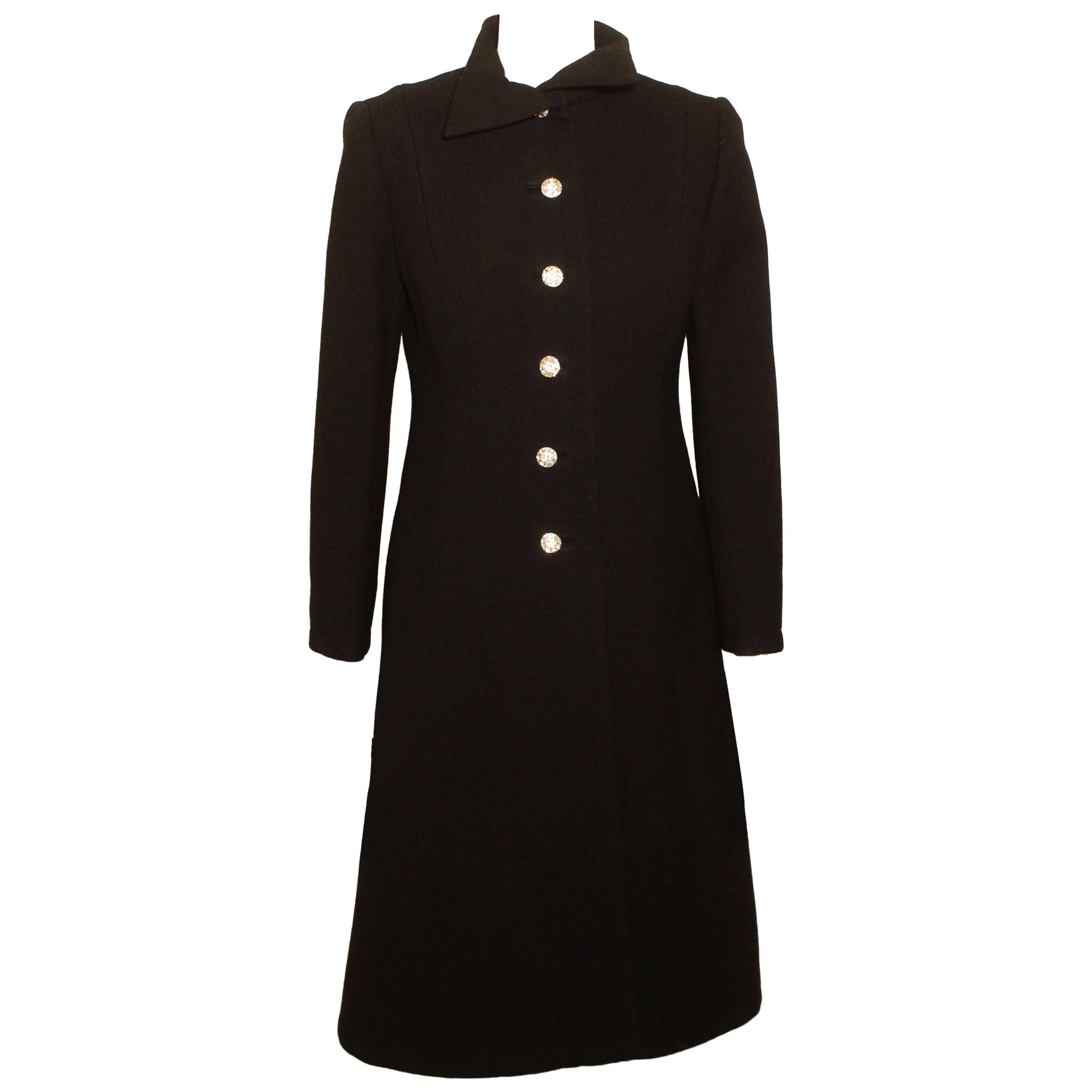 Vintage Pauline Trigere Black Evening Coat with Rhinestone Buttons For Sale