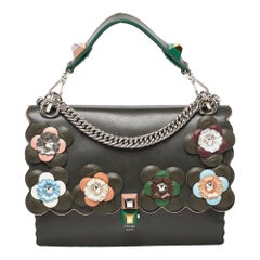 Fendi Green Floral Applique Leather Medium Kan I Top Handle Bag