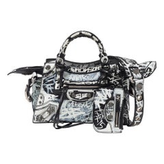 Balenciaga Black/White Graffiti Leather XS Neo Cagole City Bag