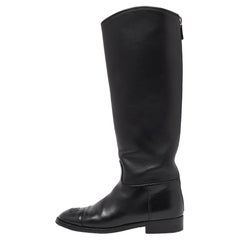 Used Chanel Black Leather CC Cap Toe Knee Length Boots Size 38