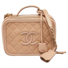 Chanel Beige Quilted Caviar Leather Medium CC Filigree Vanity Case Bag