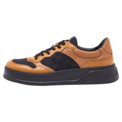 Gucci Brown/Schwarz Leder und Monogramm Segeltuch Low Top Sneakers Größe 44
