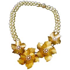 Vintage Miriam Haskell Exquisite Baroque Glass Pearl Flower Necklace c 1960