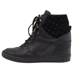 Louis Vuitton Black Leather and Monogram Suede Wedge High Top Sneakers Size 38