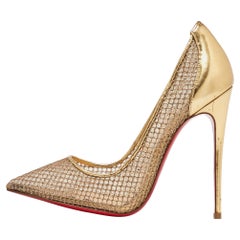 Christian Louboutin Gold Glitter Mesh Leather Fishnet Pointed Toe Pumps Size 36