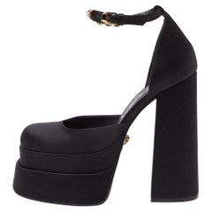 Versace Satin La Medusa Embellished Ankle Strap Block Heel Pumps Size 38.5