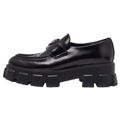 Used Prada Black Leather Monolith Logo Platform Loafers Size 39.5