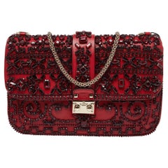 Used Valentino Red Leather Medium Rockstud Glam Lock Crystals Embellished Flap Bag
