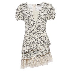 Elisabetta Franchi Cream Floral Print Lace Trim Crepe Tiered Mini Dress M