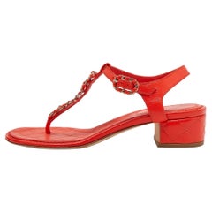 Used Chanel Orange Leather T-Strap Flat Thong Slingback Sandals Size 39