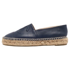 Chanel Navy Blue Leather CC Cap Toe Espadrille Flats Size 37