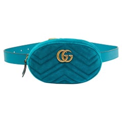 Gucci Teal Matelassé Velvet and Leather Mini GG Marmont Belt Bag