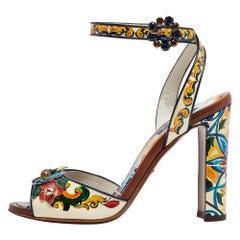 Dolce & Gabbana Printed Patent Leather Embellished Ankle Wrap Sandals Size 38
