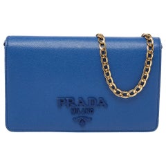 Used Prada Blue Saffiano Leather Wallet on Chain