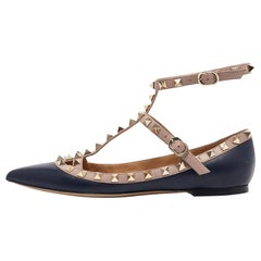 Valentino Navy Blue/Beige Leather Rockstud Caged Ballet Flats Size 36