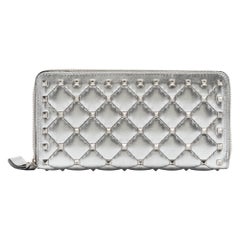 Used Valentino Silver Quilted Leather Rockstud Spike Zip Around Wallet