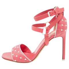 Used Valentino Pink/White Leather Rockstud Ankle Strap Sandals Size 38