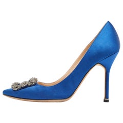 Used Manolo Blahnik Blue Satin Hangisi Pumps Size 38.5