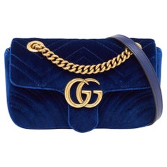 Gucci Blue Matelasse Velvet Mini GG Marmont Shoulder Bag
