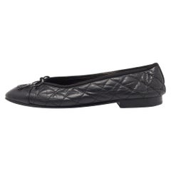 Used Chanel Black Quilted Leather CC Bow Cap Toe Ballet Flats Size 38