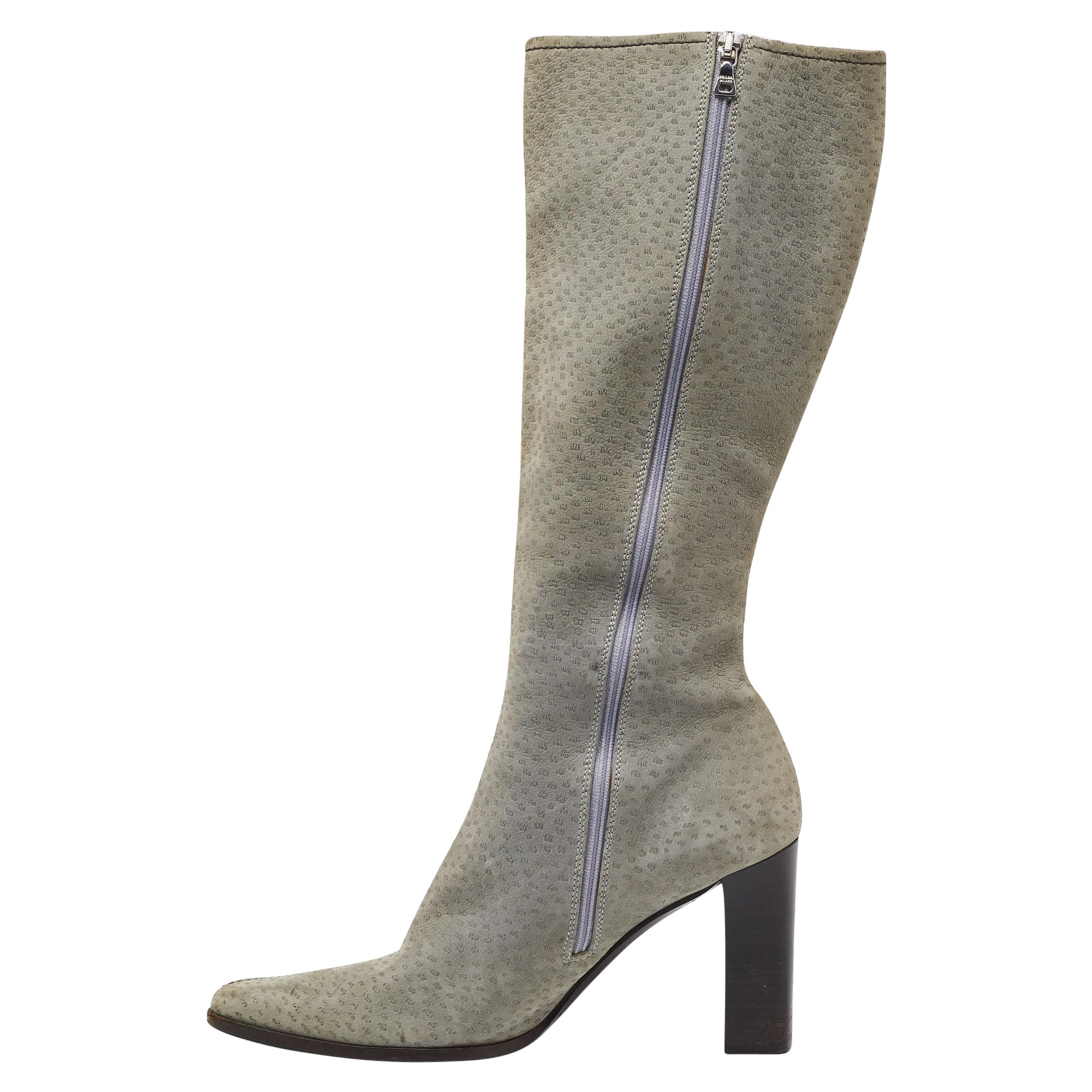 Dior Grey Textured Nubuck Leather Knee Length Boots Size 40 For Sale