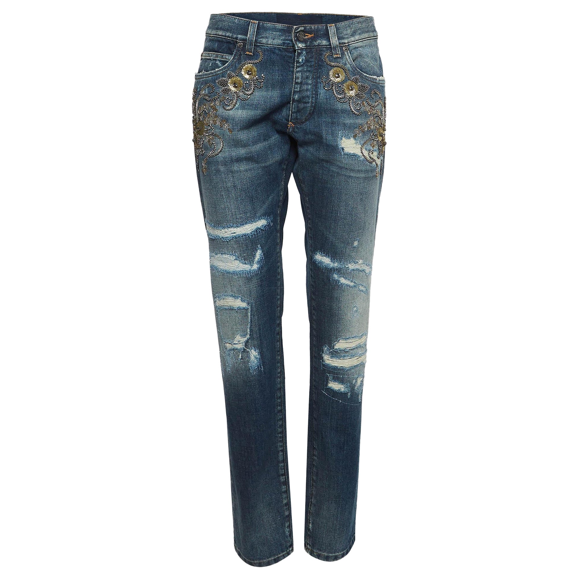 Dolce & Gabbana Navy Blue Ripped Denim Crystal Embellished Jeans L Waist 33" For Sale