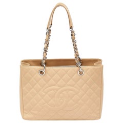 Chanel Beige Quilted Caviar Leather Grand Shopper Tote