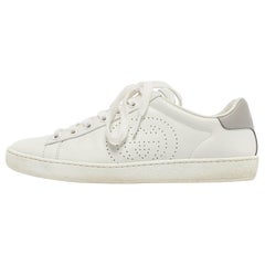 Gucci White/Grey Leather Interlocking Logo Lace Up Sneakers Size 36