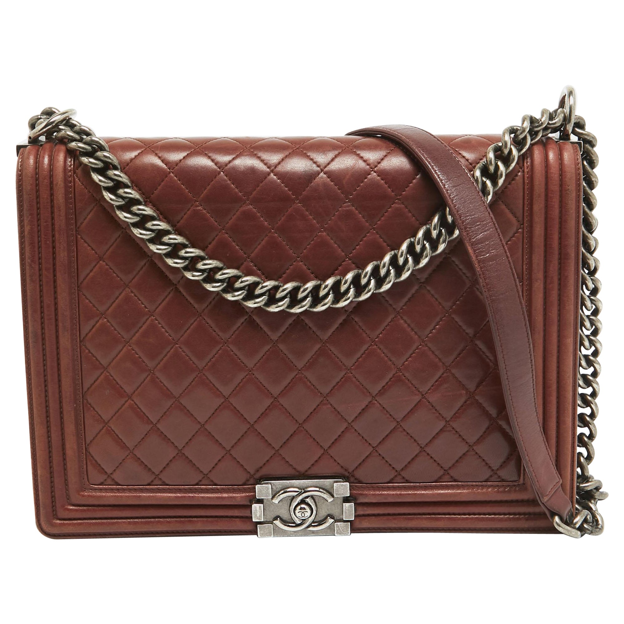 Chanel Burgundy Quilted Leather Large Boy Bag For Sale