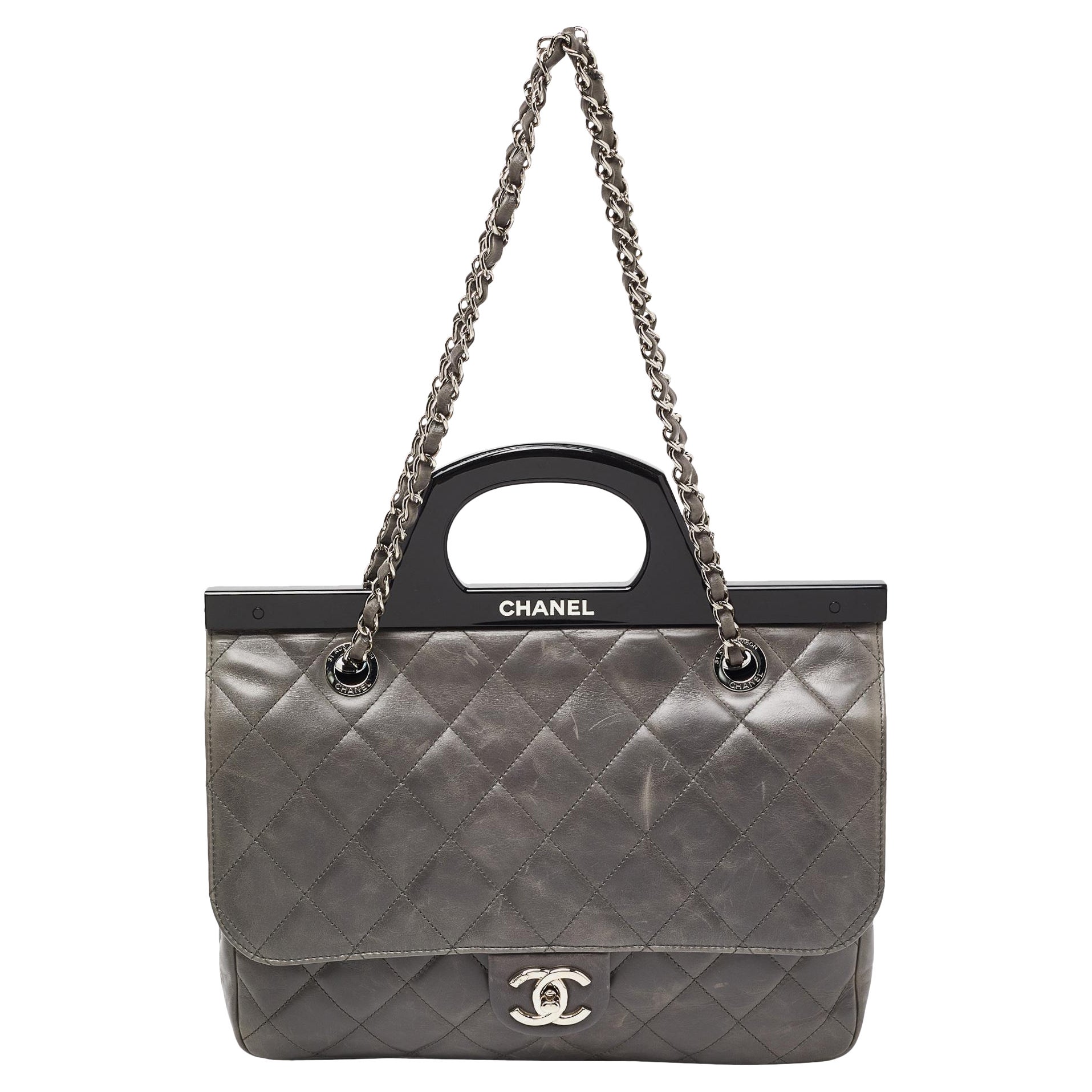 Chanel Grey Quilted Glazed Leather Small CC Delivery Bag For Sale
