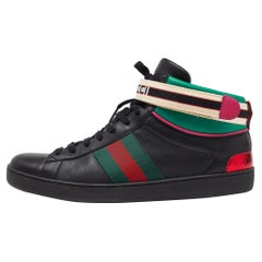 Gucci Black/Green Leather Stripe Ace High Top Sneakers Size 43