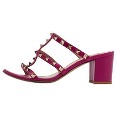 Valentino Fuchsia Leather and Patent Rockstud Slide Sandals Size 38