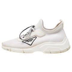 Prada White Logo Knit Fabric Low Top Sneakers Size 38