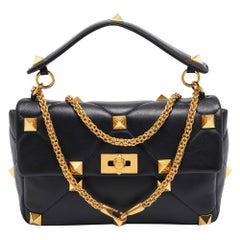 Valentino Black Leather Large Roman Stud Shoulder Bag