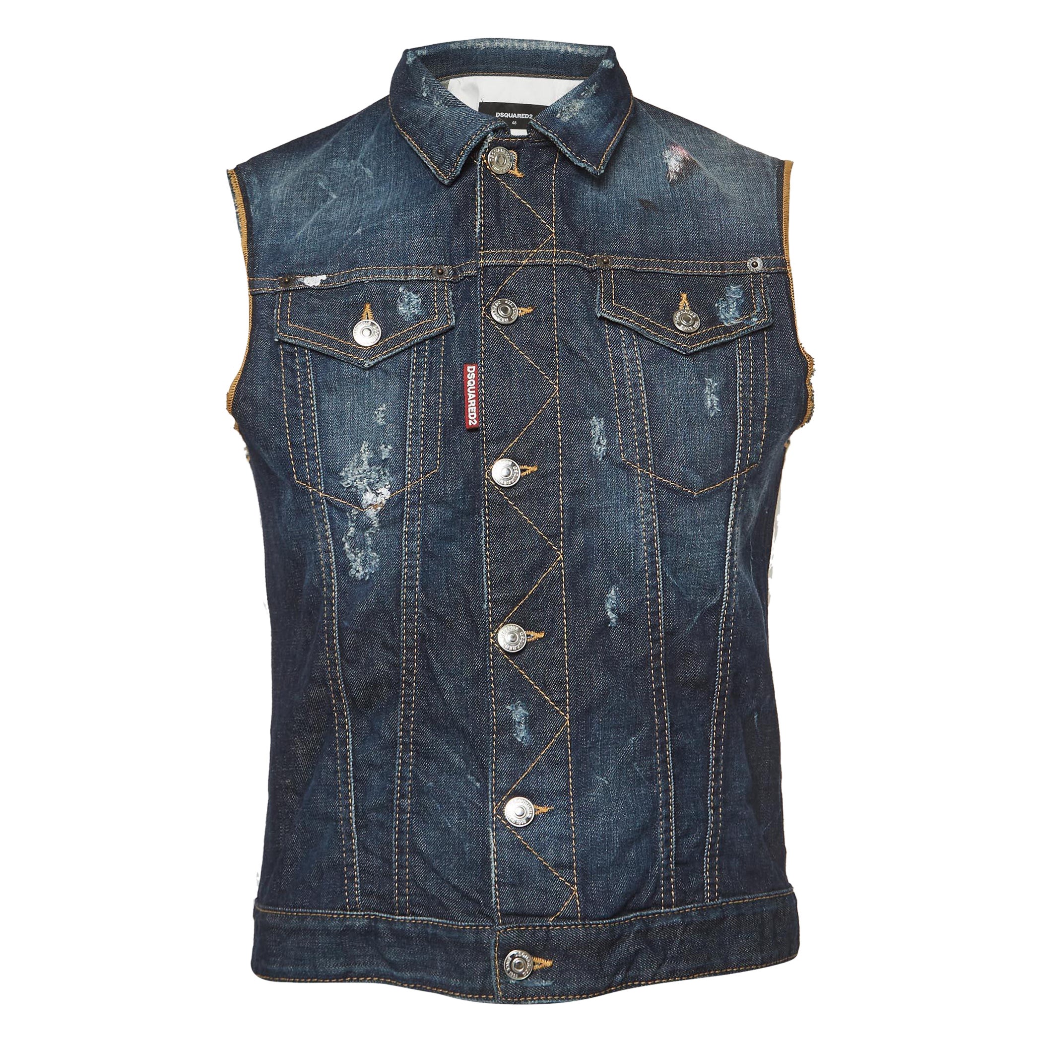 Dsquared2 Navy Blue Distressed Denim Vest M For Sale