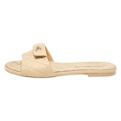 Chanel Beige Leather CC Turnlock Flat Slide Size 40