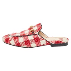 Gucci Red/White Tweed Princetown Mules Size 38.5