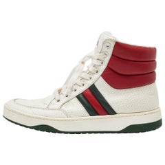 Used Gucci White/Red Leather New Praga Karibu Web High Top Sneakers Size 37.5