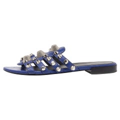 Balenciaga Navy Blue Leather Arena Studded Flat Sandals Size 38